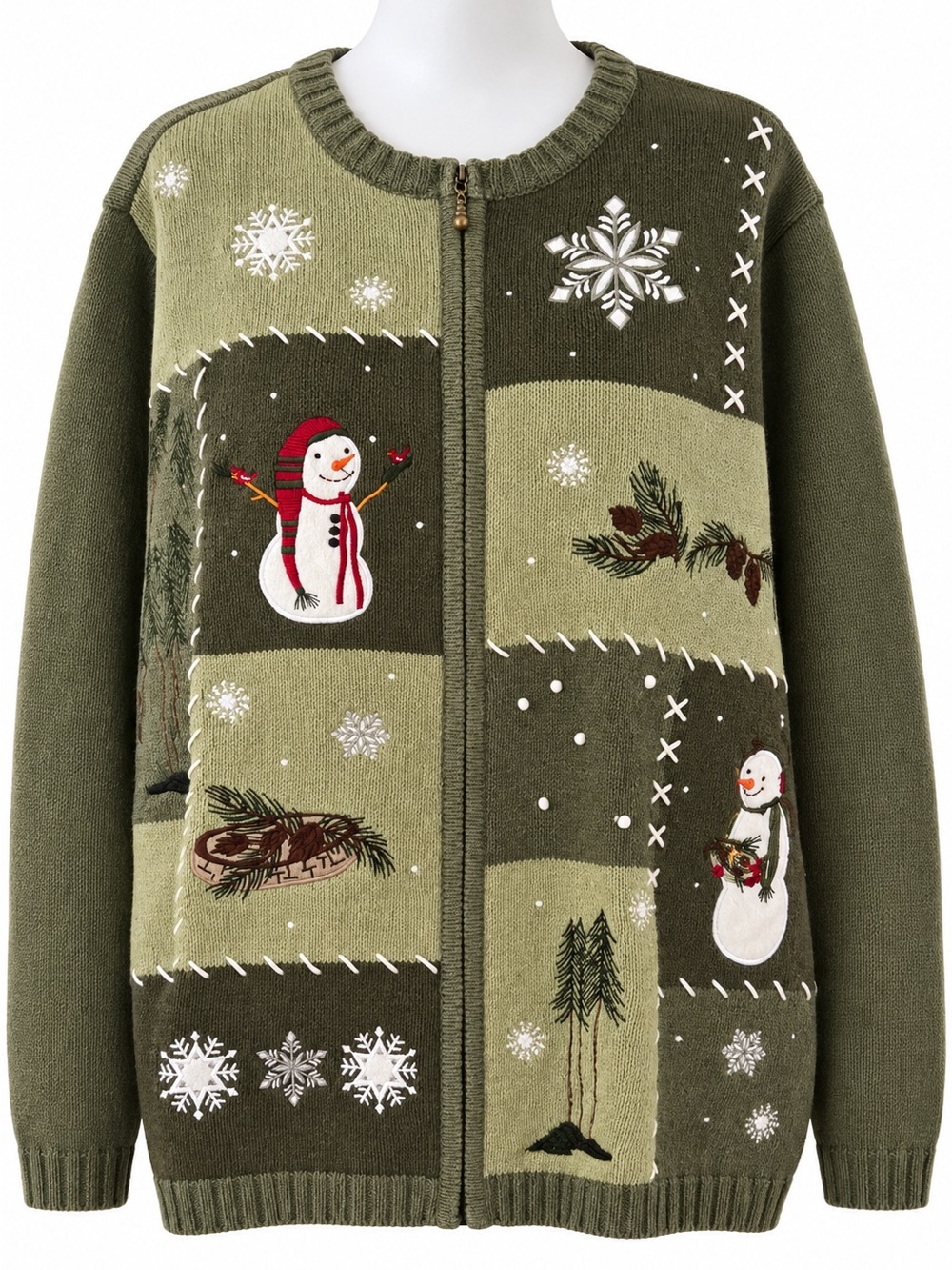 Croft & Barrow Christmas Snowman Patchwork Cardigan Sweater Holiday